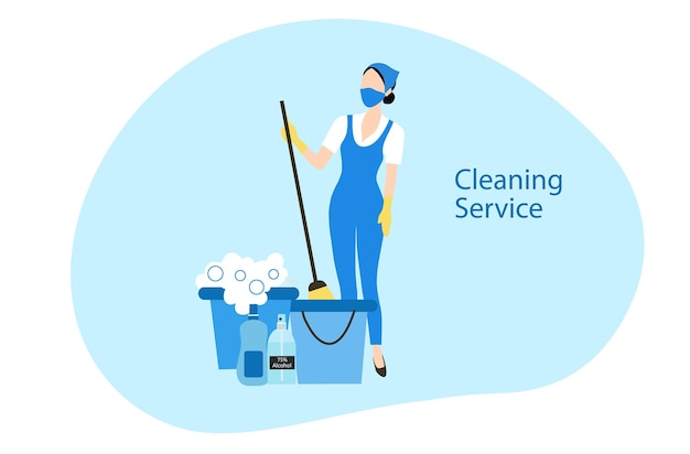 Vektor reinigungsdienstfrau mit mopp und zubehör eimer bodenreinigung hygienereinigung