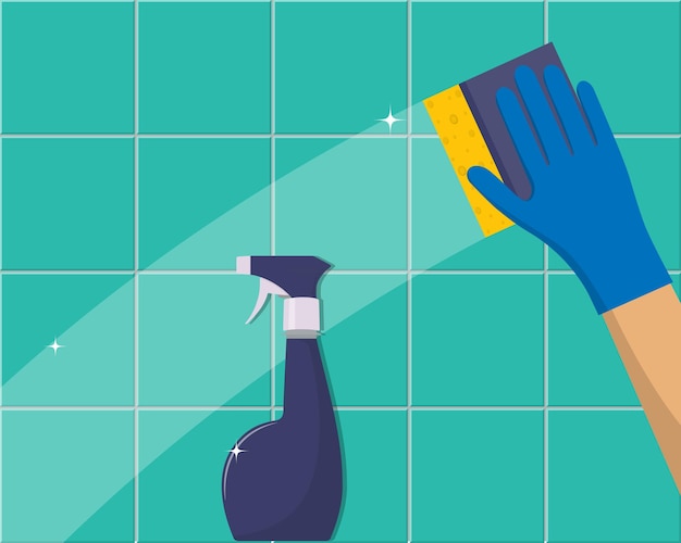 Reinigungskonzept Hand in blauem Gummihandschuh reinigt die Fliese mit Schwamm und Reinigungsspray
