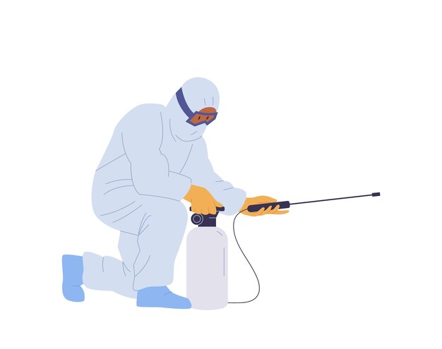 Reinigungskraft in atemschutzmaske und uniform sorgt für die desinfektion der oberfläche
