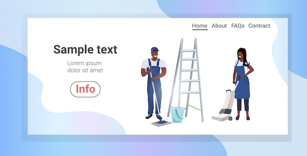 Vektor reinigungspaar mit mop-staubsauger und leiter afroamerikaner hausmeister team in uniform zusammenarbeiten reinigungsservice konzept horizontale in voller länge kopierraum