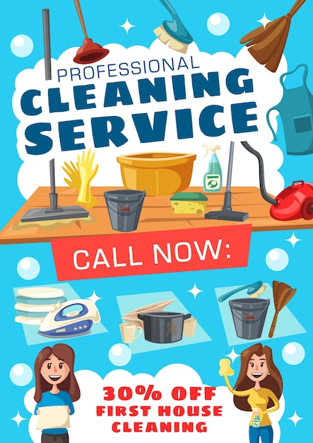Vektor reinigungsservice-poster mit hausreinigungswerkzeugen