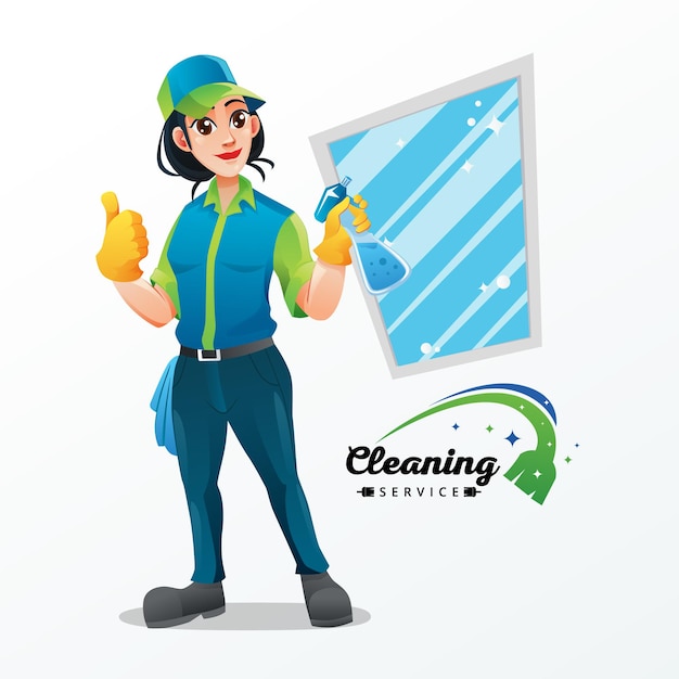 Reinigungsservice-Schönheits-Frauen-Charakter mit grün-blauer Uniform-Karikatur-Illustration