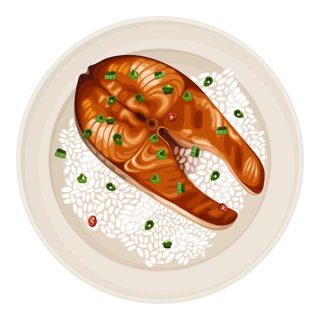 Vektor reis, fisch, frühstück, essen, mahlzeit, teller, reis, kugel, bento, vektor, illustration