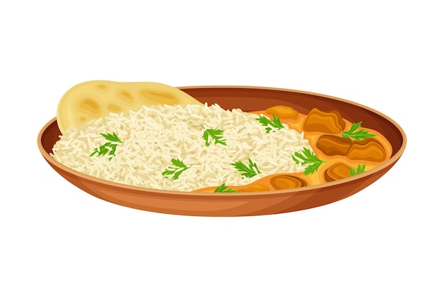Reis mit Fleischsauce und Flachbrot als indisches Gericht und Hauptgericht auf dem Teller serviert und mit Kräutern garniert