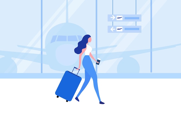 Reise an Bord Konzept, Frau mit Reisetasche, die an der Flughafenvektorillustration spazieren geht.