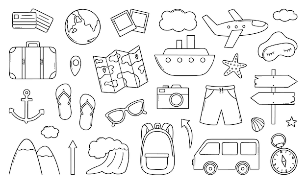 Vektor reise-doodle-set sommerurlaub-tourismus-elemente im skizzenstil, tasche, ticket, transport, kamera, karte, sommerabenteuer