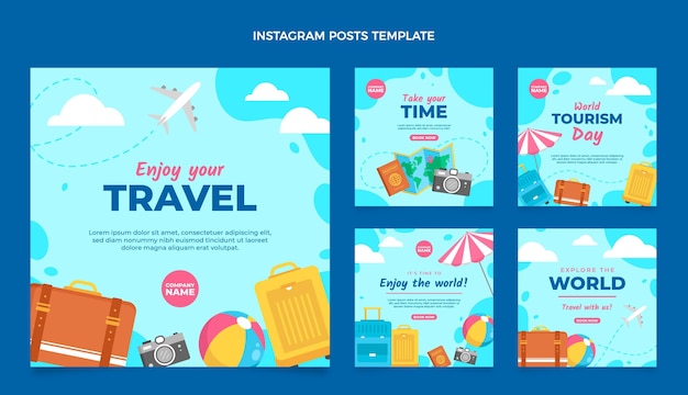 Reise-Instagram-Postset im flachen Design