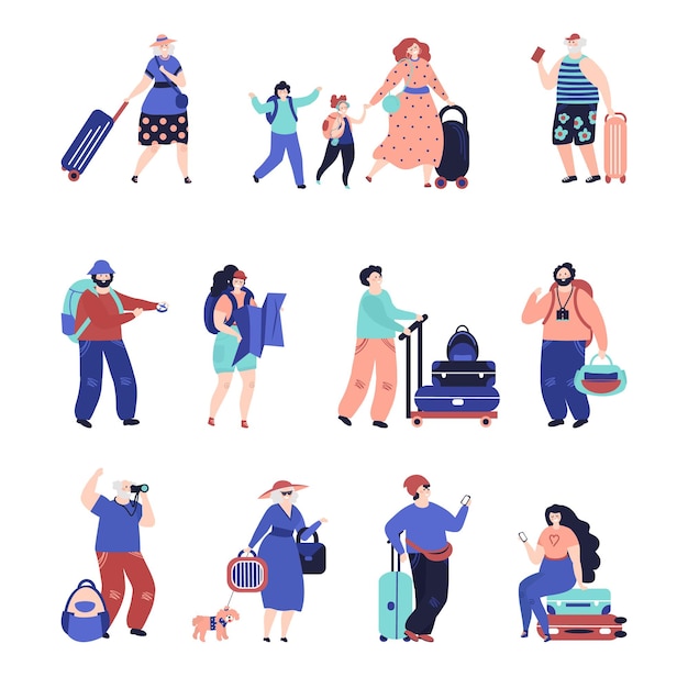 Reise leute. reisende paare, seniorentourist mit koffer. einzelner urlaubscharakter, flughafen anständige weibliche männliche passagiere vektorsatz. illustration frau und mann, familienreisen