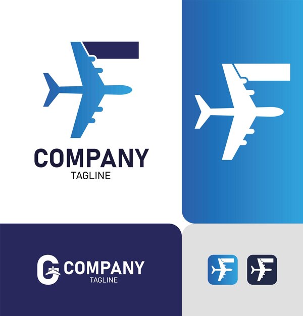 Reise-logo-design des buchstaben f mit flugzeugsymbol-vektor-design-vorlage