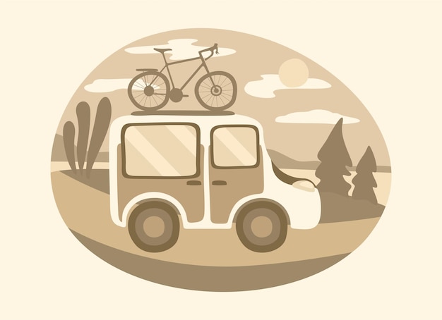 Vektor reise-minivan mit fahrrad auf der oberseite. sommerreisekonzept für die familie. landlandschaft herum.
