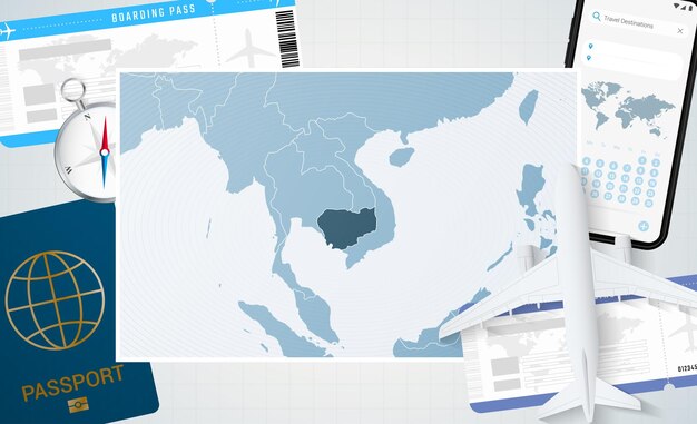 Vektor reise nach kambodscha illustration mit einer karte von kambodscha hintergrund mit flugzeug handy pass kompass und tickets