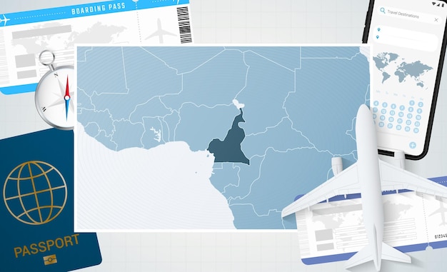 Reise nach kamerun illustration mit einer karte von kamerun hintergrund mit flugzeug handy pass kompass und tickets