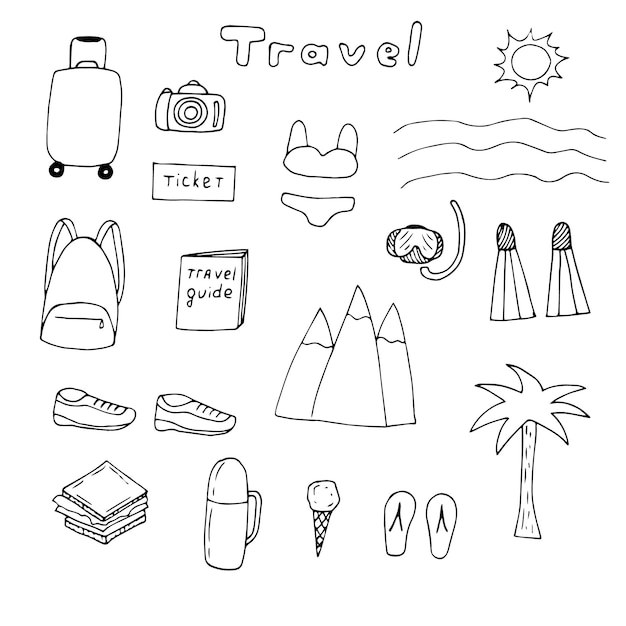 Reise-Set-Vektor-Doodle-Illustration