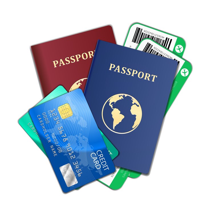 Reise- und Tourismuskonzept. Flugtickets, Pässe und Kreditkarten, Tourismus und Planung