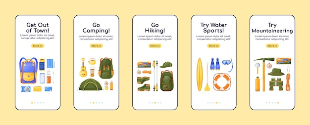 Vektor reiseausrüstung onboarding mobile app bildschirm flache vorlage. camping und wandern. walkthrough-website schritte mit zeichen. ux, ui, gui smartphone cartoon-oberfläche, falldrucke eingestellt