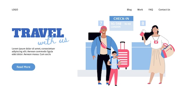 Reisebürofahne mit familie von touristenkarikaturskizzen-vektorillustration