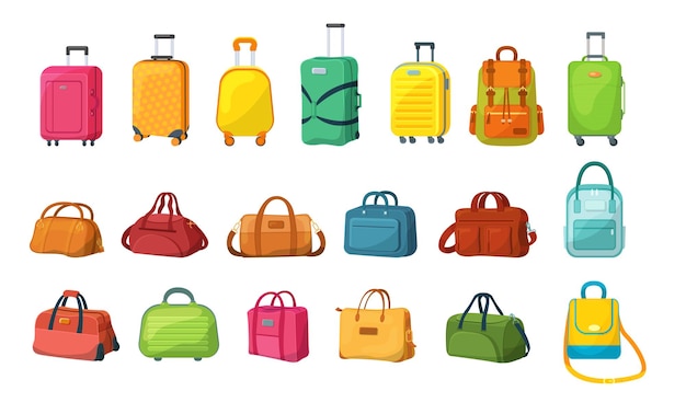 Vektor reisegepäck, kunststoffkoffer, metallrucksäcke und ledertasche.
