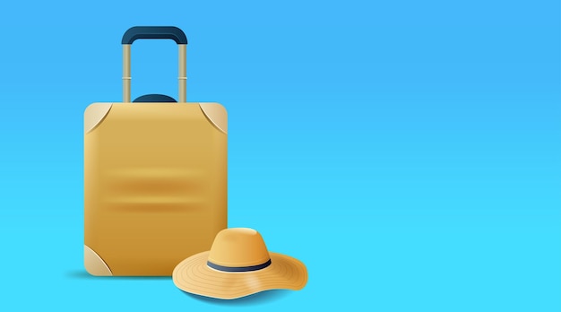 Reisekoffer, Strohhut, blauer Hintergrund, Urlaubskonzept
