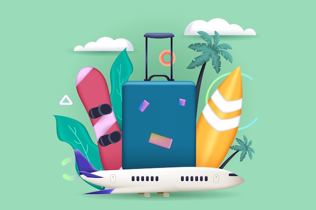 Reisekonzept 3D-Illustration Icon-Komposition mit Reisegepäck Flug zum Skiurlaub oder Surfen