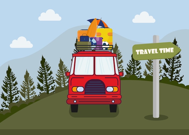 Reisen sie mit dem bus reisen und tourismus flaches design vektor-illustration