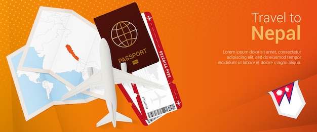 Reisen sie nach nepal pop-under-banner. reisebanner mit reisepass, tickets, flugzeug, bordkarte, karte und flagge nepals.