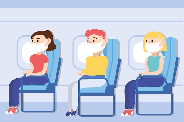 Reisen sie sichere kampagne mit passagieren, die medizinische maske in flugzeugstühlen vektor-illustration design tragen