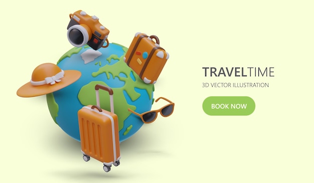 Vektor reisen sie um die welt und wählen sie ein land und einen urlaubsort aus. ausflüge zu berühmten orten. jetzt reisen buchen. urlaub online bezahlen. vorlage mit 3d-globus und reisezubehör. banner für ppc-werbung