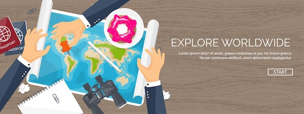 Reisen und tourismus flat-style-vektor-illustration welt erde karte und globus reise tour reise sommer