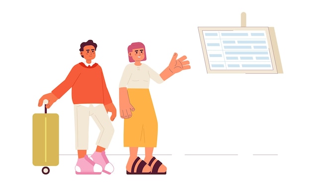 Reisende mit Koffer schauen auf das Display. Flaches Konzept, Vektor-Spot-Illustration. Asiatische 2D-Cartoon-Figuren überprüfen den Abflug des Flugzeugs auf Weiß für Web-UI-Design. Isoliertes, bearbeitbares, kreatives Heldenbild