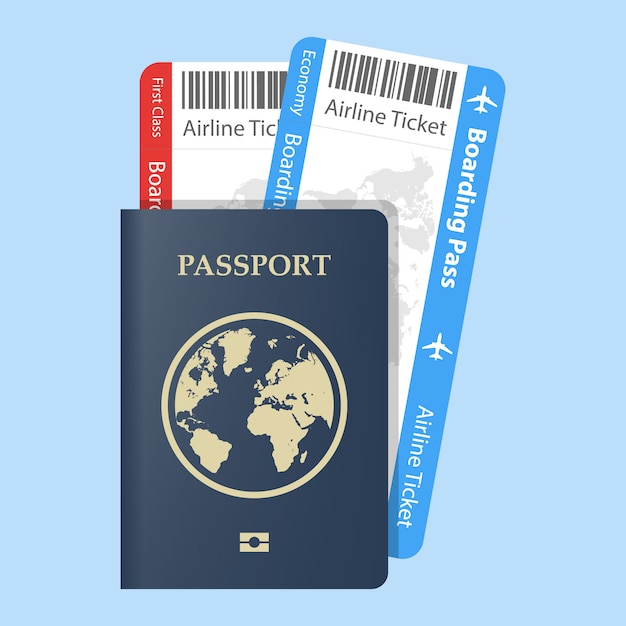Reisepass mit Tickets Flugreisekonzept. Flat Design Staatsbürgerschafts-ID für Reisende isoliert. Blaues internationales Dokument - Passillustration