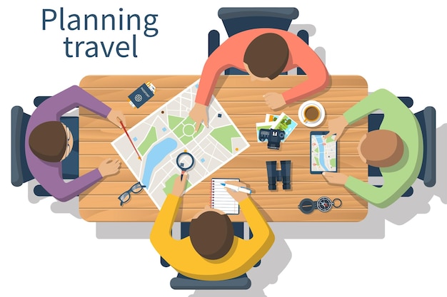 Reiseplanungsvektor Reiseplan Team von Leuten am Tisch, die einen touristischen Reiseplan planen Urlaub planen Suchort für Urlaub Vektorillustration eines flachen Designstils Reisekonzept