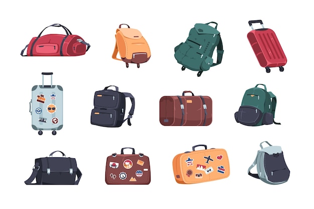 Vektor reisetaschen cartoon-rucksack und koffer touristenkoffer mit aufklebern camping- und wanderrucksack isolierte reise- und abenteuergepäck vorlage für reisegepäck vektor-reiserucksäcke-set