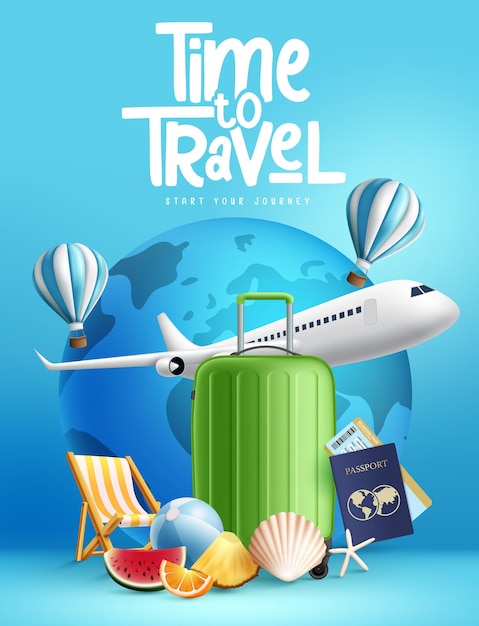 Reisezeit-Vektor-Poster-Design Zeit zum Reisen Text mit Flugzeug-Gepäck-Passport