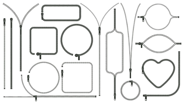 Reißverschluss-Silhouetten Zip-Pull geschlossen offene Reißverschluss-Rahmen Grenze Kleidung Reißverschluss-Zubehör Vektor-Set