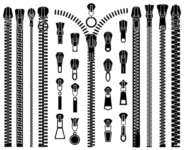 Vektor reißverschlussverschließungen kleidungsstücke reißverschließungen silhouetten geschlossenes reißverschlüsselungsgerät