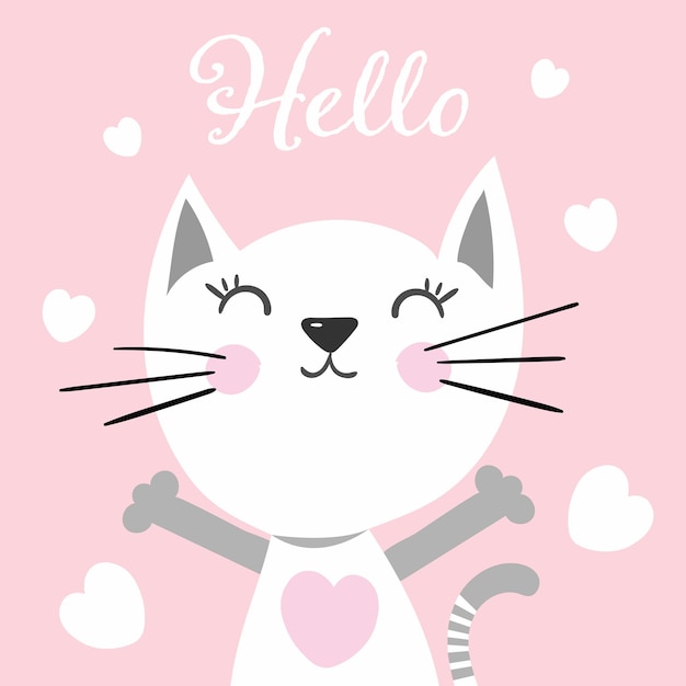 Reizendes katzenmädchen mit rosa aufschrift hallo kann für t-shirt-druckaufkleber-grußkartendesign-vektorillustration verwendet werden
