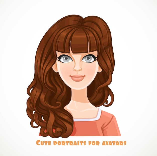 Reizendes Mädchen mit dem gelockten braunen Haarporträt für den Avatar, der auf einem weißen Hintergrund lokalisiert wird