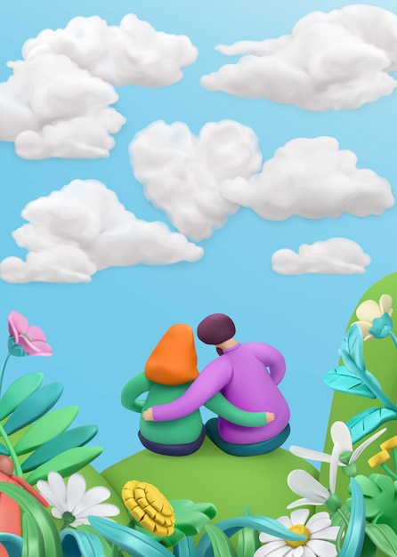 Reizendes Paar in einer Frühlingslandschaft in der Karikaturart