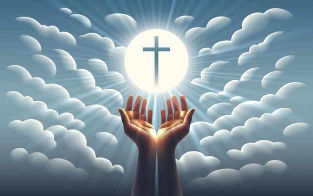 Religiöse Kartenhände auf dem Hintergrund des Sonnenuntergangs Christliches Kreuz Vektor