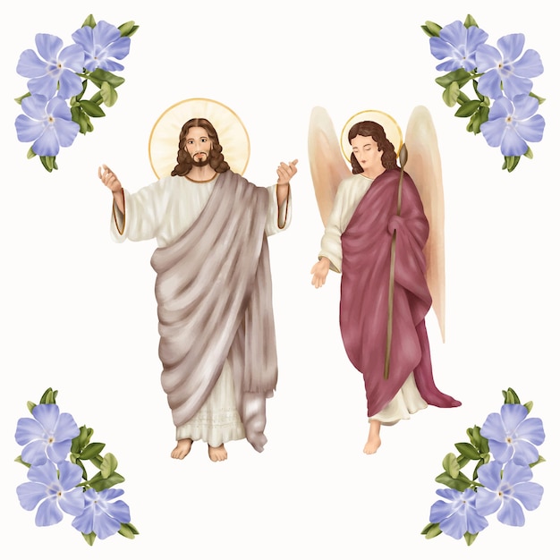 Religiöser jesus christus und engel mit blauen frühlingsblumen