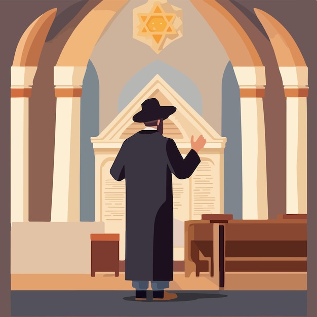 Vektor religiöser jude liest thora in der synagoge, vektorgrafik, jüdisches feiertagskonzept