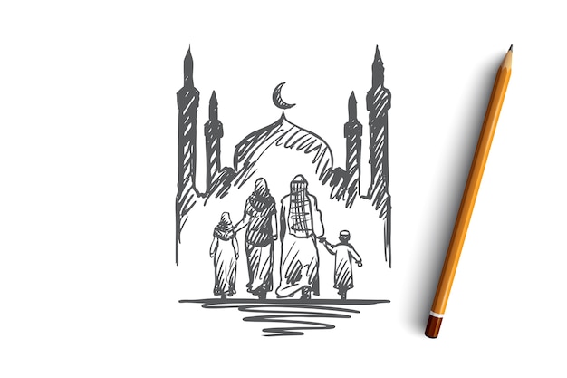 Religion, familie, muslim, araber, islam, moscheekonzept. hand gezeichnete traditionelle muslimische familie mit kinderkonzeptskizze.