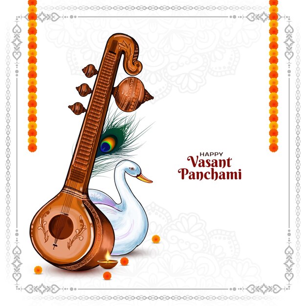 Vektor religious happy vasant panchami indisches fest hintergrund mit veena illustration