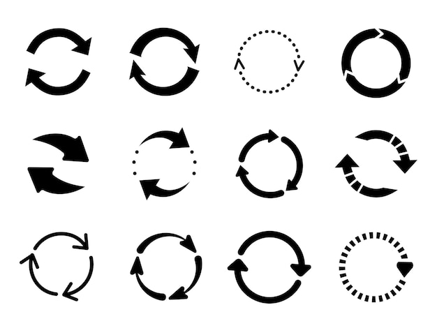 Vektor reload pfeile schwarze ikonen kreispfeil isolierte schleife oder runde drehzeichen umwelt und recycle reset wiederholung und aktualisierung piktogram anständiger vektorsatz