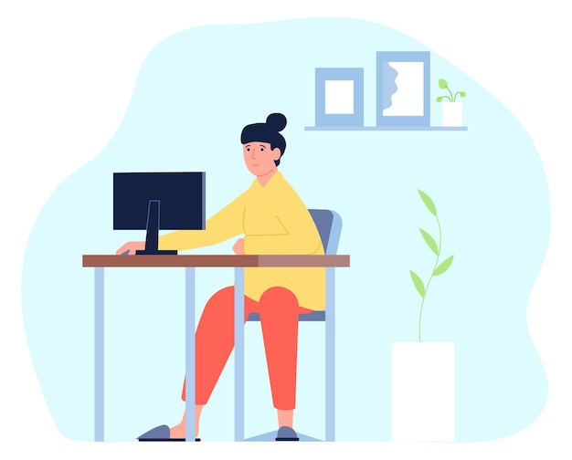Remote-Job Frau arbeitet am Computer im Innenbereich des Hauses. Vektorillustration