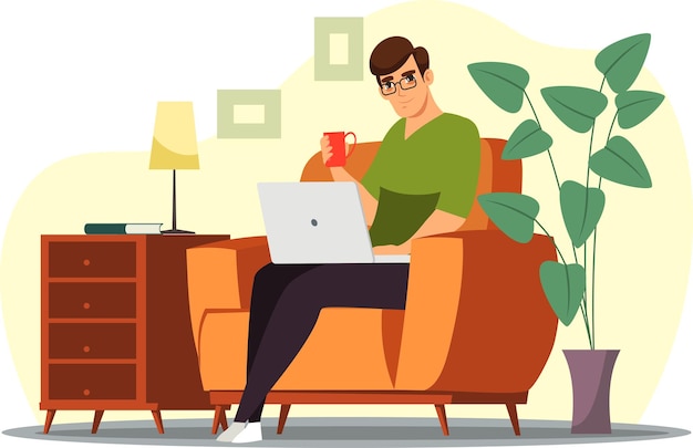 Remote-mitarbeiter, der zu hause im büro arbeitet, sitzt auf einem stuhl mit laptop und trinkt kaffee
