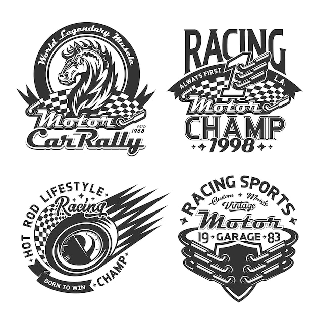 Rennsport- und rallye-t-shirt-druck, kundenspezifische bekleidung der motorsportmeisterschaft. starten und beenden von rennflaggen, wildem mustangpferd, automatischem geschwindigkeitsmesser und schalldämpferabzeichenvorlagen