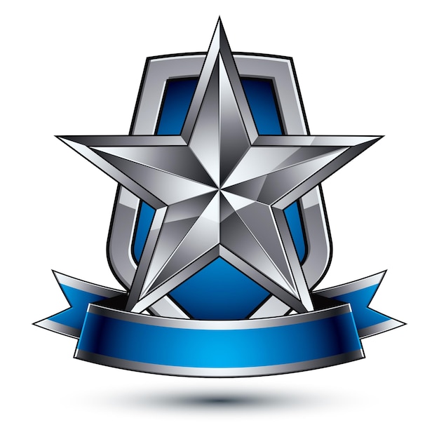 Renommierter Vektor-Silberstern mit gewelltem Band auf einem Schutzschild, raffiniertes fünfeckiges 3D-Designelement, klares EPS 8-Emblem.