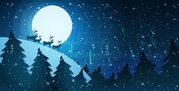 Vektor rentier silhouette über vollmond im nachthimmel schneebedeckte kiefer tanne wald frohe weihnachten frohes neues jahr winterferien konzept