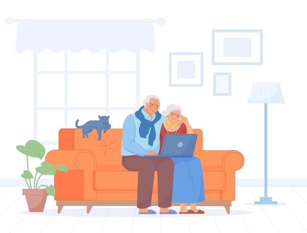 Rentner auf dem Sofa mit Computer Glückliches älteres Ehepaar und Internet-Technologie Alte Familie, die zu Hause auf der Couch sitzt Senior Ehemann Frau Ruhestand Lebensstil